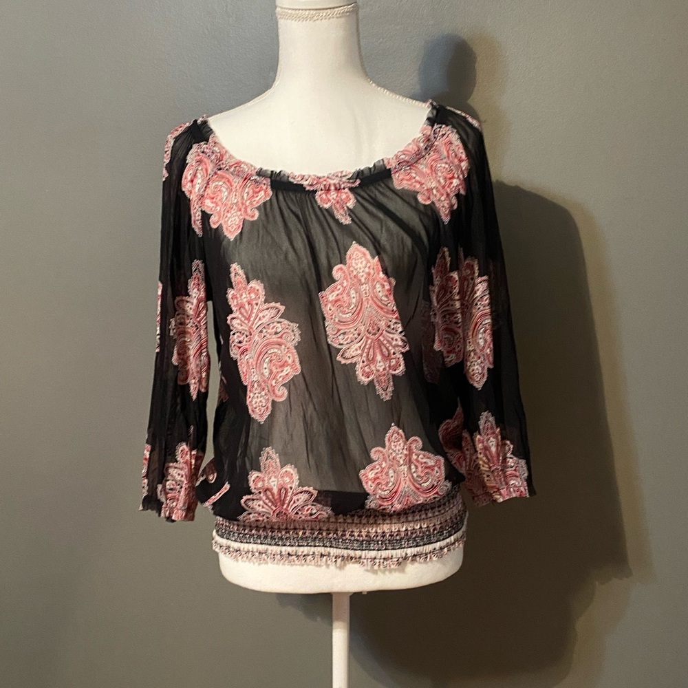 INC International Concepts Black Blouse with Red Paisley